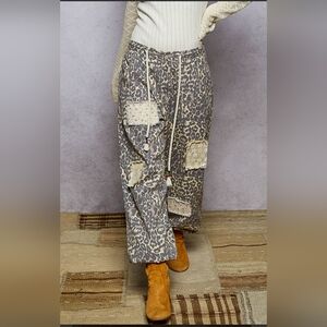 POL Leopard Print Patchwork Wide-Leg Pants in Tan and Gray